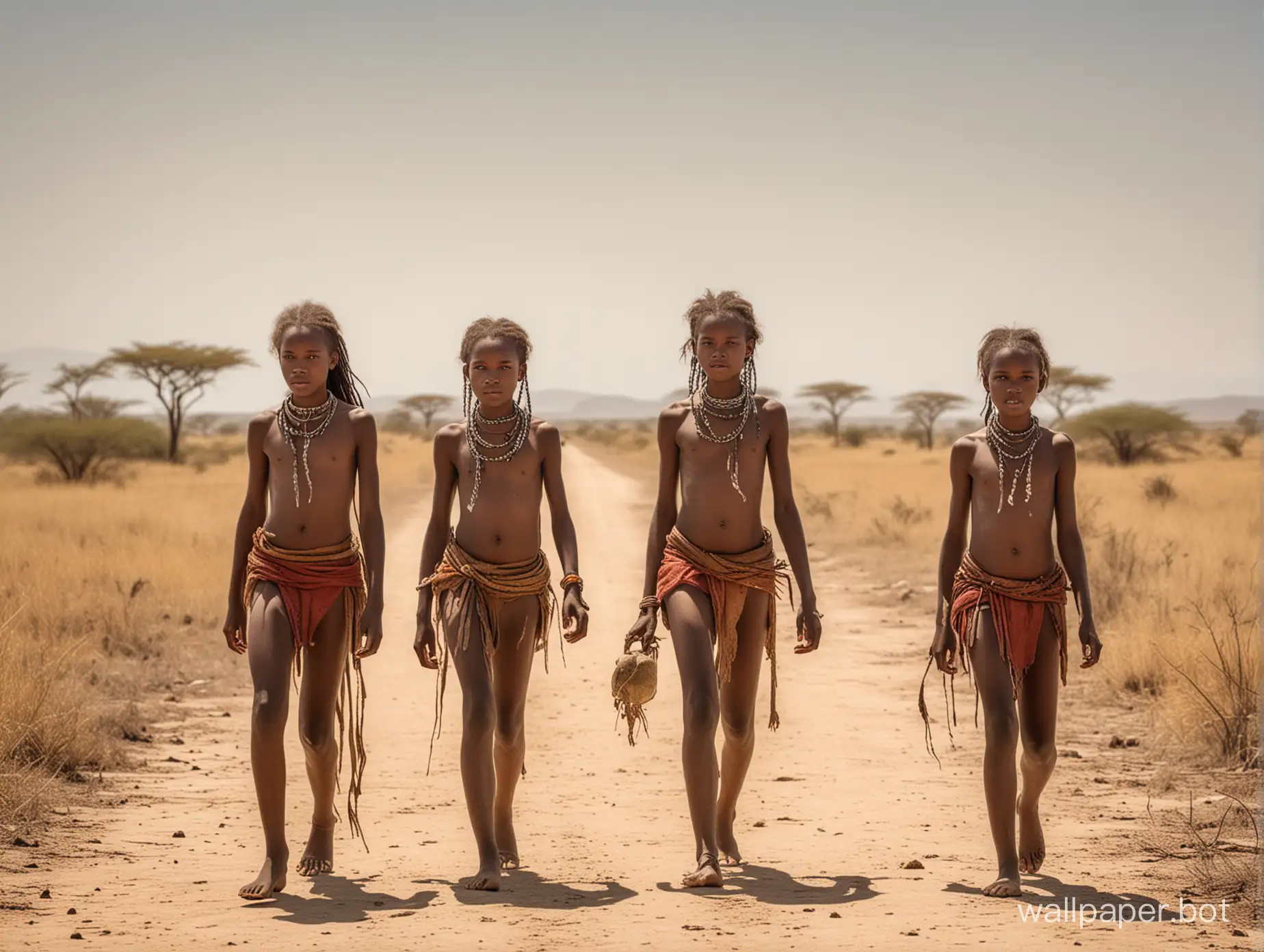African 12 year old girls from a tribe of cannibals walking on the savannah under the hot sun