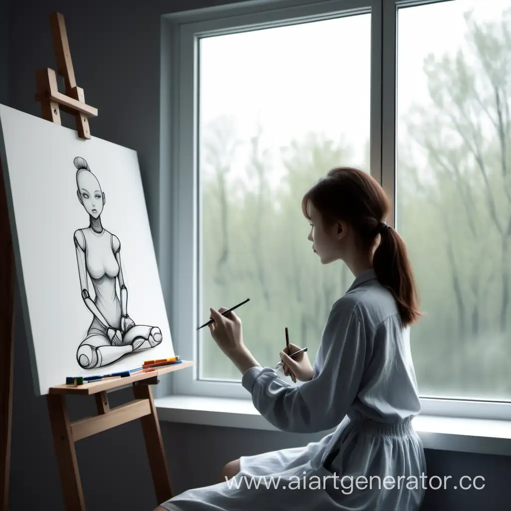 Девушка-андроид, сидит на против окна, рисует на холсте картину