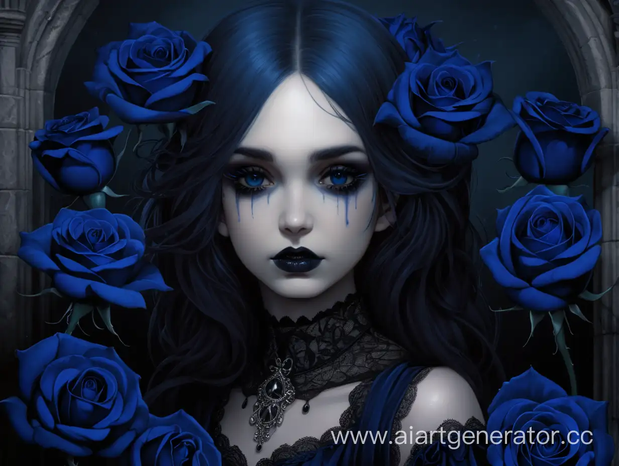Девушка в тёмно-синих розах готика