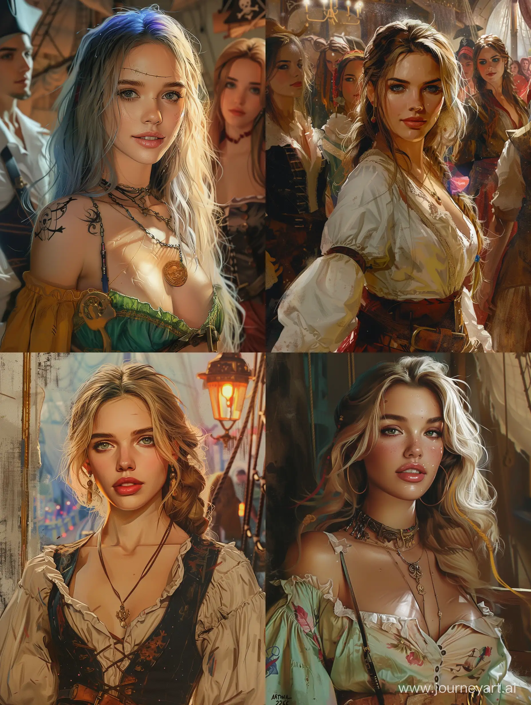 full body of a photorealistic beautiful woman, (aboard a pirate ship:1.50), intense coloration fantasy, light hair, a stunning realistic photograph 20 years , random colored hair,  (multiple women pirates dancing together:1.3), random color eyes, full body, cover, hyperdetailed painting, luminism, octane render, Bar lighting,  complex, 8k resolution concept art portrait by Martina Fačková and Prywinko Art, Artgerm, WLOP, Alphonse Mucha, Tony Taka, fractal isometrics details, photorealistic face, hypereallistic cover photo awesome full color, hand drawn, bright, gritty, realistic color scheme, davinci, .12k, intricate. hit definition , Beethoven, cinematic,Rough sketch, mix of bold dark lines and loose lines, bold lines, on paper , real life human, --v 6.0 --ar 3:4 --s 250