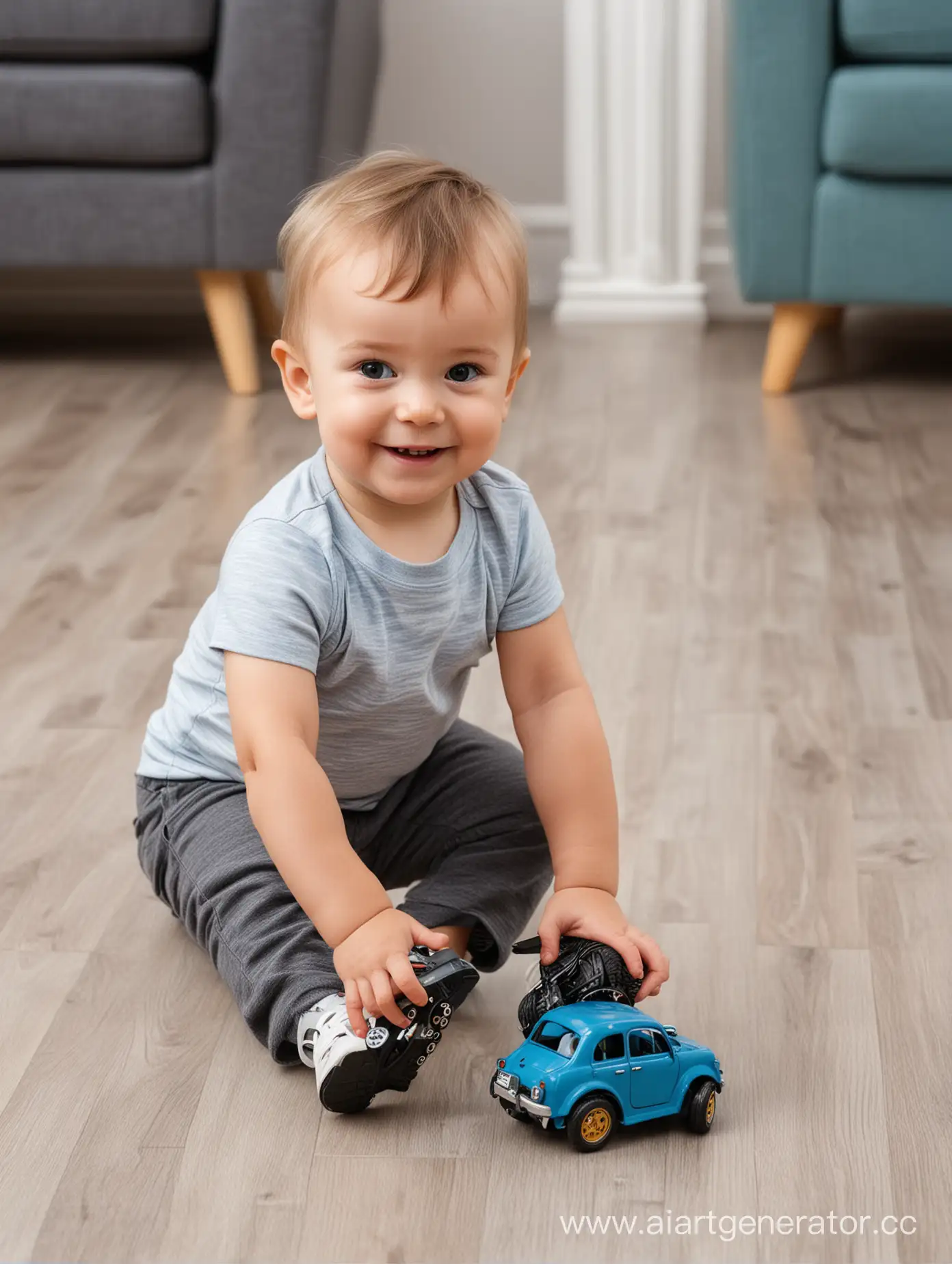 little happy boy squats on the floor and plays with cars