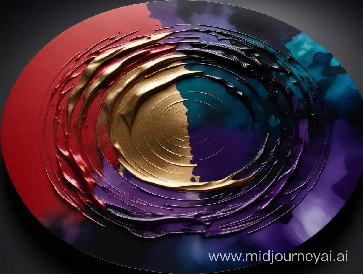 Vibrant Modern Abstract Art Circular Dark Watercolor Fusion in Red Black Blue Green Purple Violet and Gold