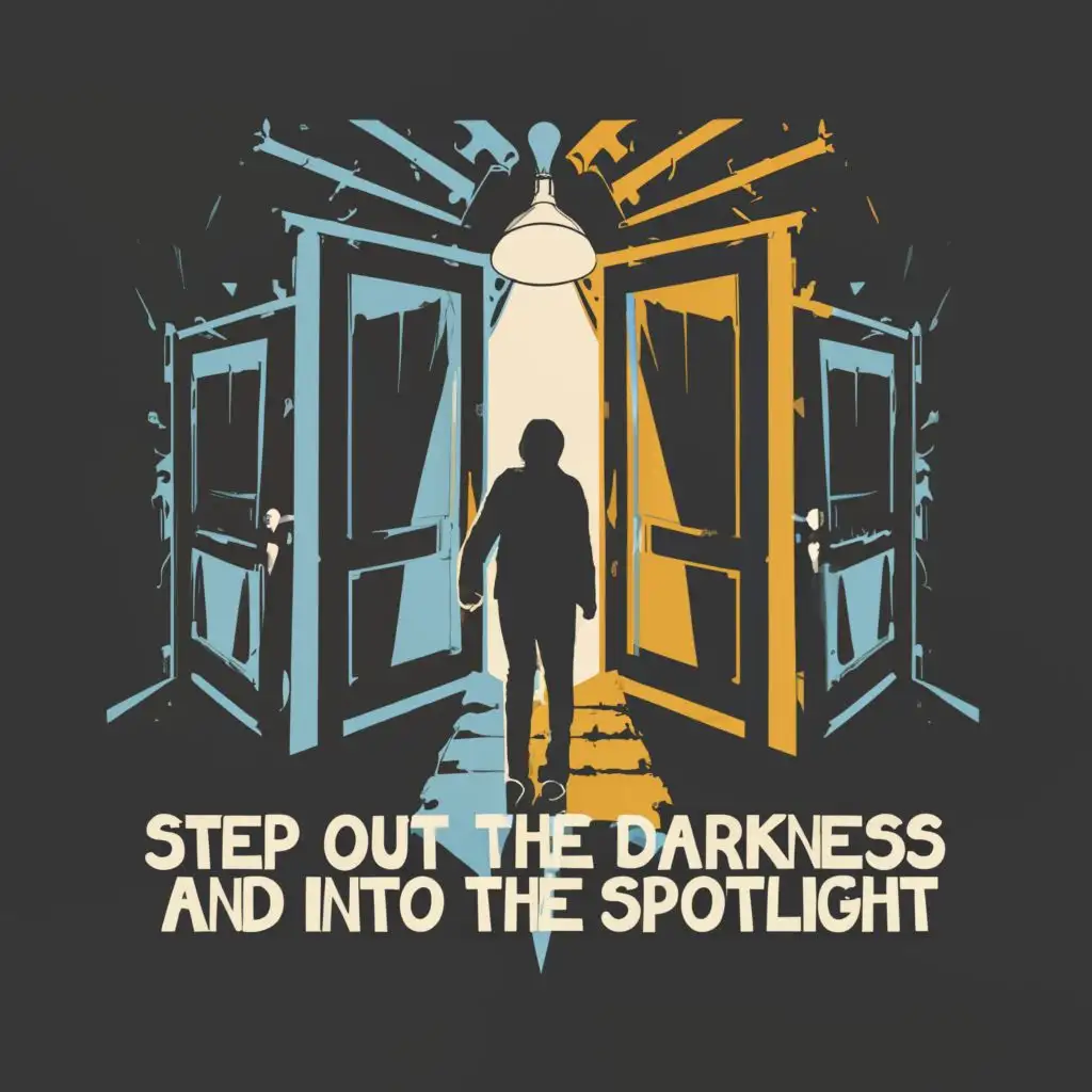 logo, One person stepping into the spotlight. Two doors to choose from., with the text "Step out from the darkness and into the spotlight.", typography