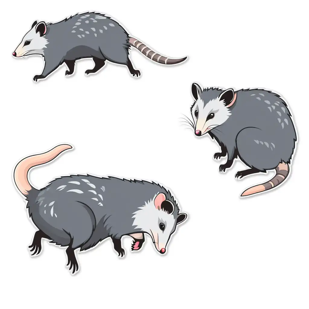 Adorable Possum Die Cut Sticker Set on Clean White Background