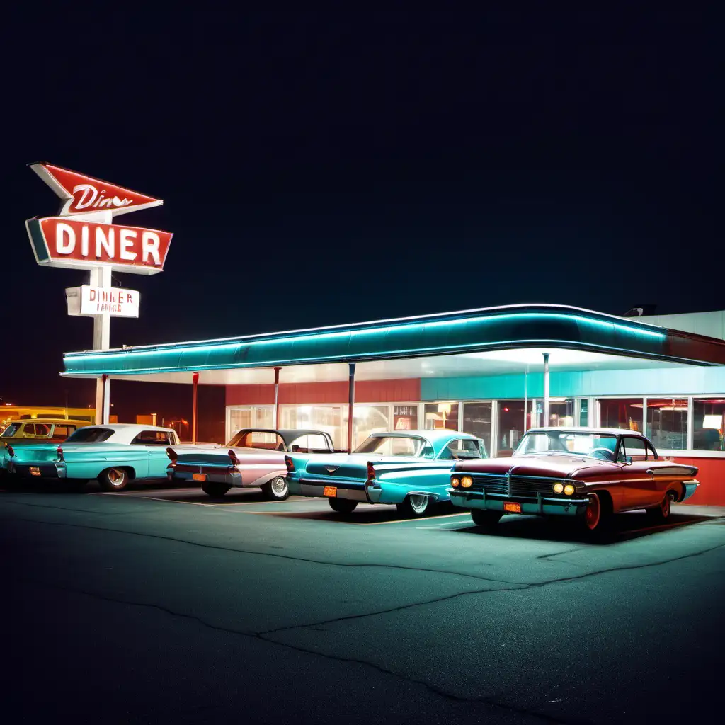 retro 1960s diner at night USA, cars in the parking lot.

