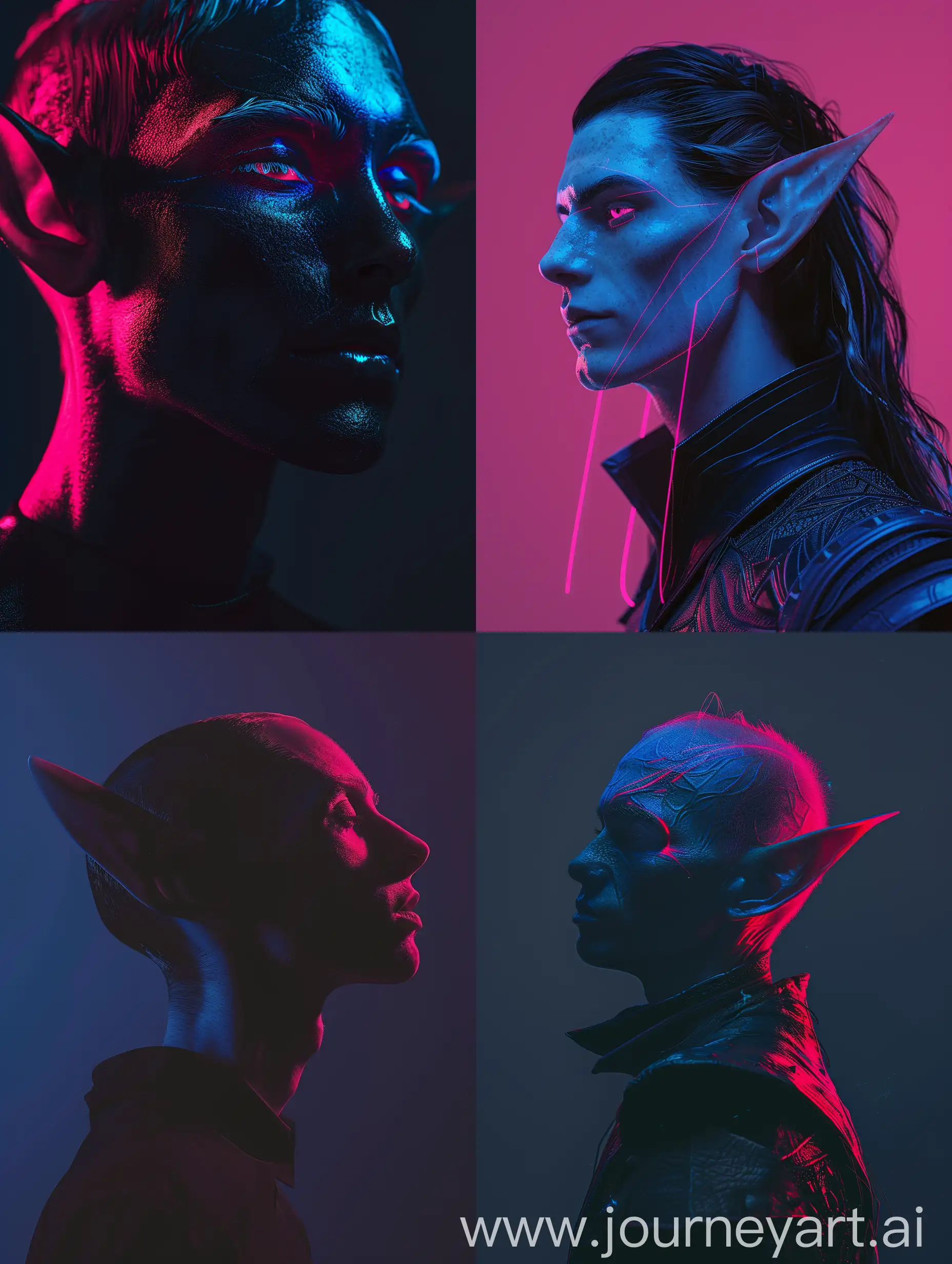 dark elf, darkness, potrait,  with subtle pink and blue gradients, realistic, sci-fi.