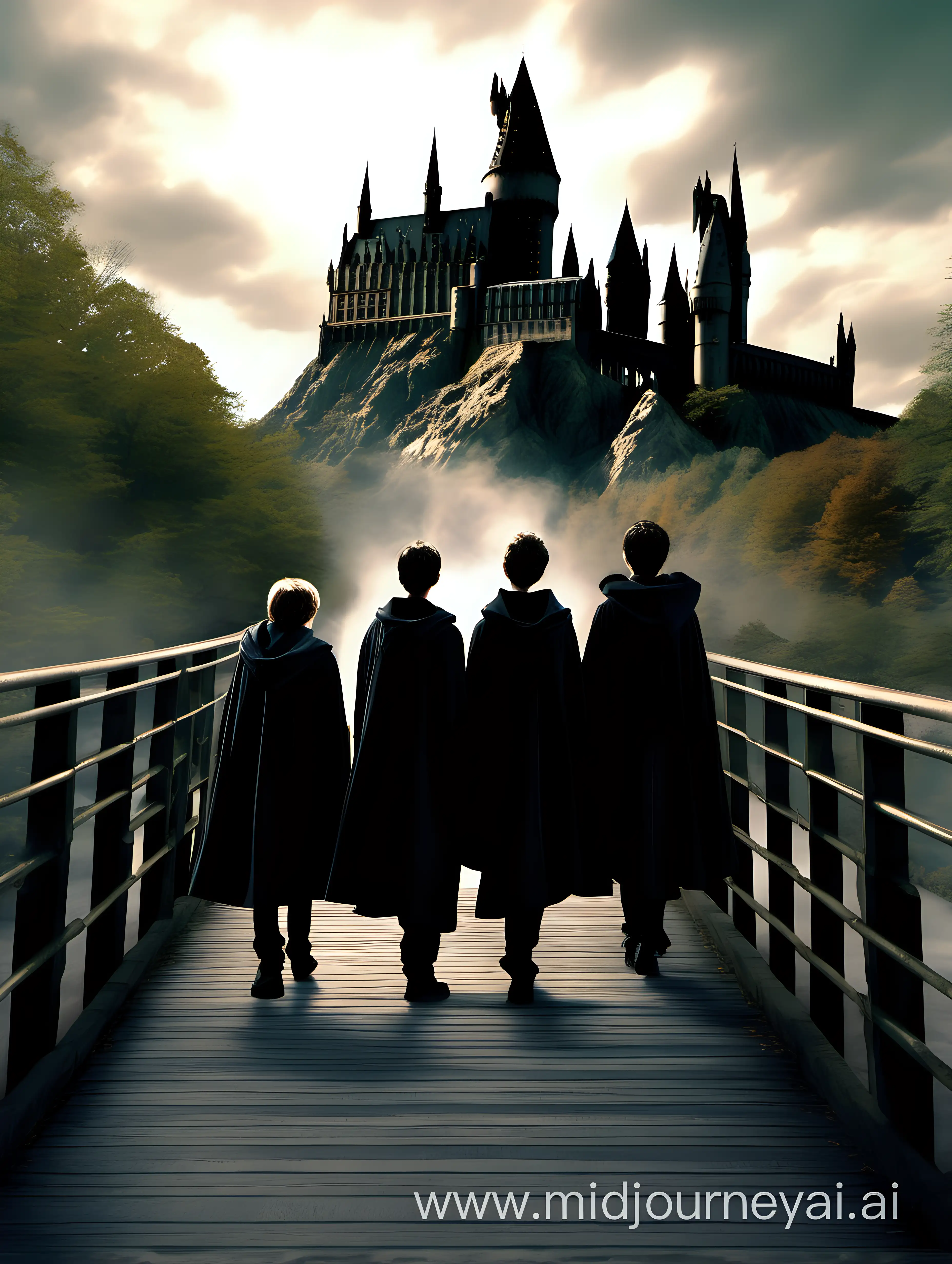 Hogwarts magic.  marauders. 4 teenagers in front of Hogwarts wearing cloaks. Back turned to us.  Beautiful scenery. Zoomed out. Standing on a bridge