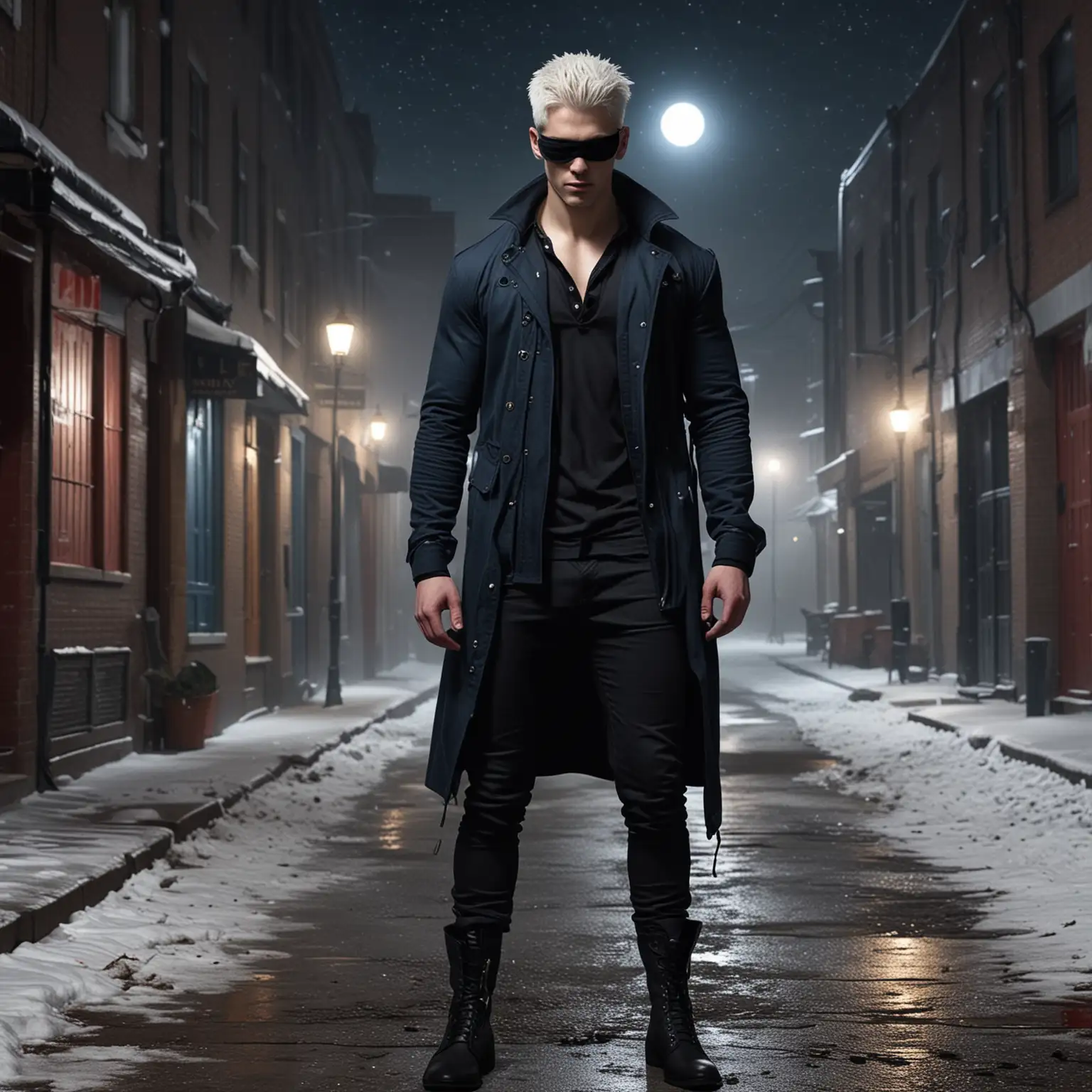 male, a very tall, lean and muscular man relatively attractive, snow-white hair, covers his eyes with a black blindfold which props up his hair and gives it a spikier appearance wearing dark blue zip-up jacket with a high collar, slim-fit matching black pants and black dress boots, dark street with blood-red moon and shadows on background, midnight, hyper-realistic, photo-realistic