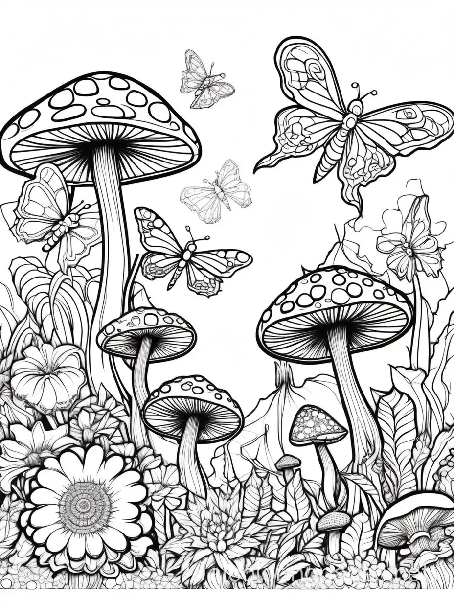 trippy mushrooms and flowers with butterflies and dragon flies, Coloring Page, black and white, line art, white background, Ample White Space. The outlines of all the subjects are easy to distinguish, making it simple for adults to color without too much difficulty., Coloring Page, black and white, line art, white background, Simplicity, Ample White Space. The background of the coloring page is plain white to make it easy for young children to color within the lines. The outlines of all the subjects are easy to distinguish, making it simple for kids to color without too much difficulty
