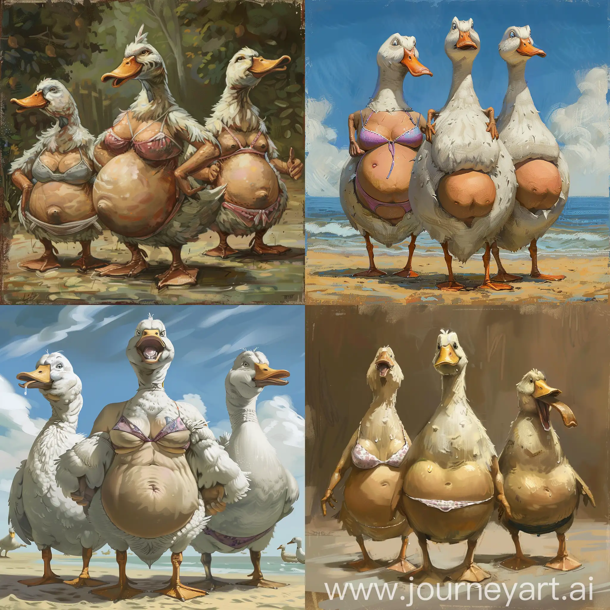 Three ducks, the two in front have exaggeratedly large bums and are jokingly wearing bikinis. The duck in the back is wearning a mankini.