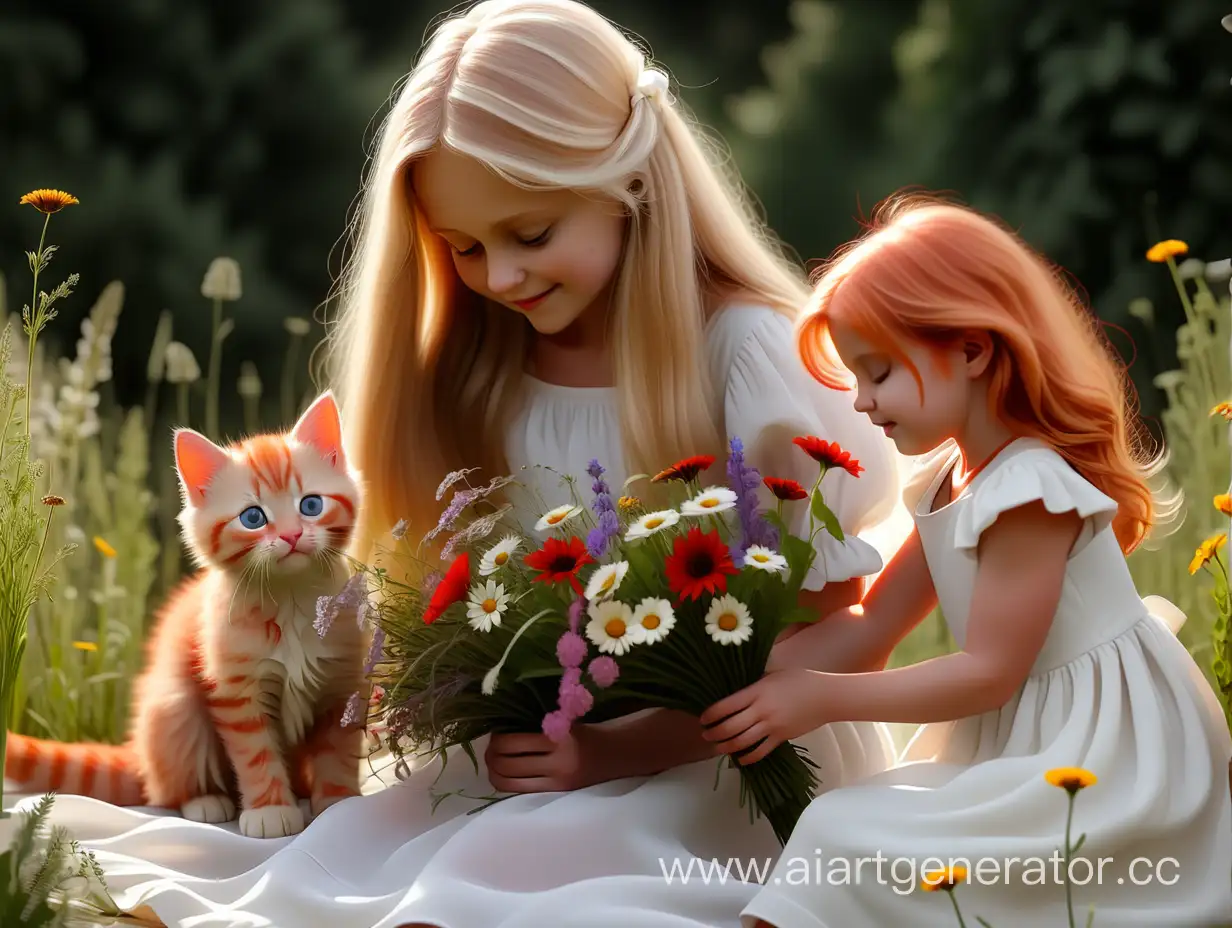 Adorable-Blonde-Girl-Gifting-Wildflower-Bouquet-to-Mother-with-Playful-Red-Kitten