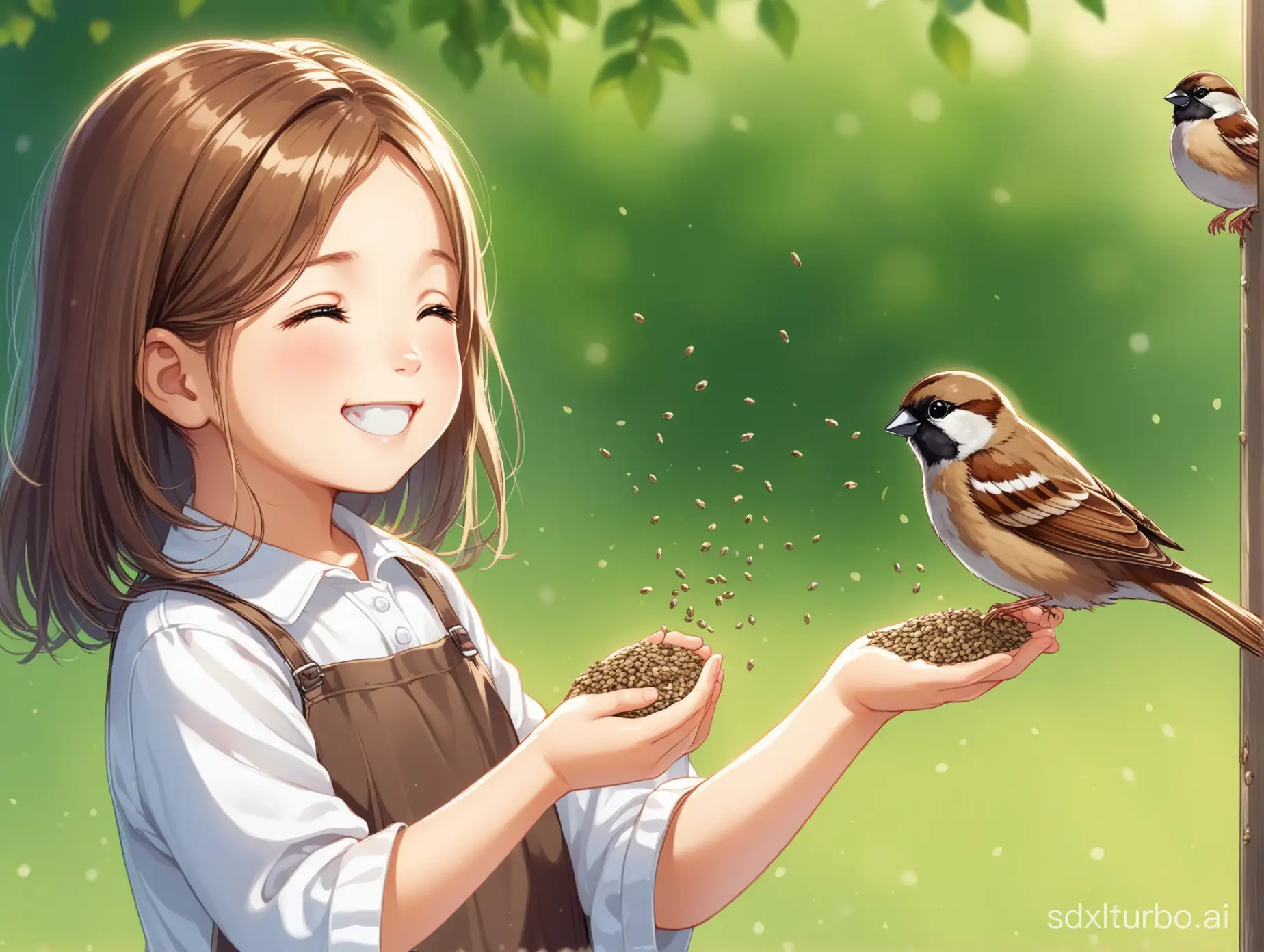 a girl child about 8 years old . everyday wear, look happy.The sparrow pecks at the birdseed in her hand.