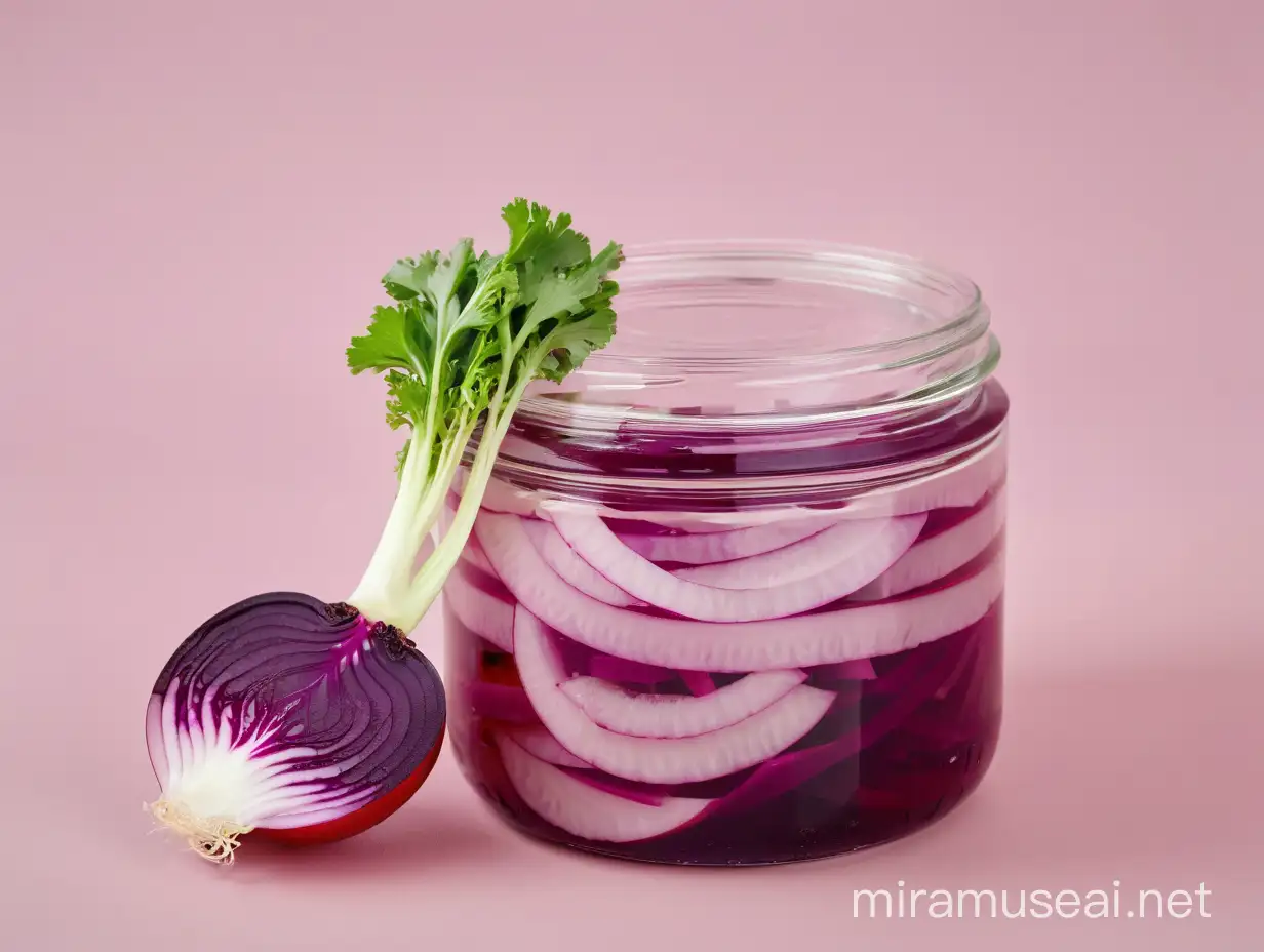 a close-up minimalist photo of an unbranded transparent plastic jar full of dark violet liquid. Half of the jar contains pickled cabbage slice and radish cube, front view, soft natural lighting, bright, light ivory background