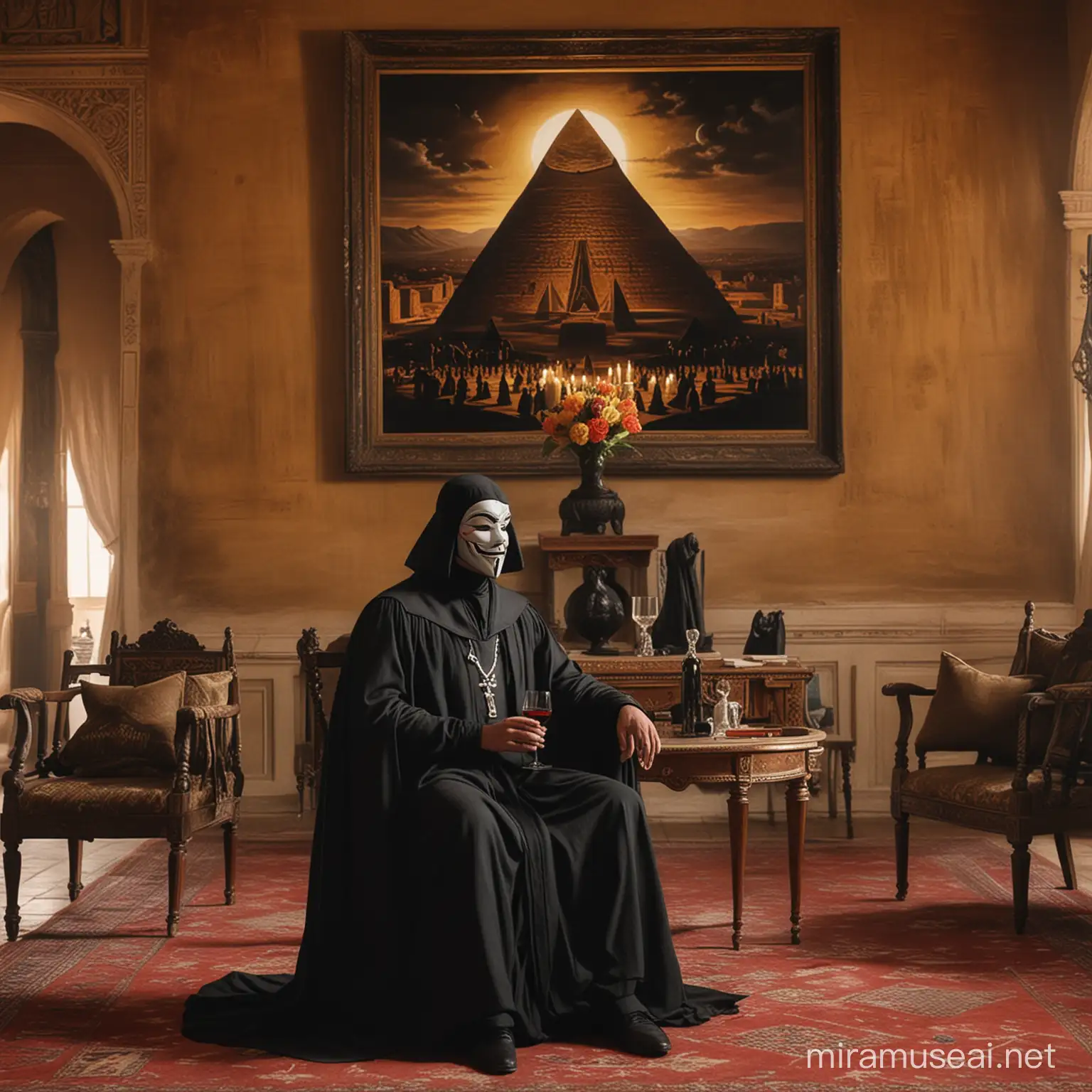 V For Vendetta sitting in the palace room, wearing a black cloak, drinking wine and relaxing with a painting of the pyramids behind him in the year 2024 