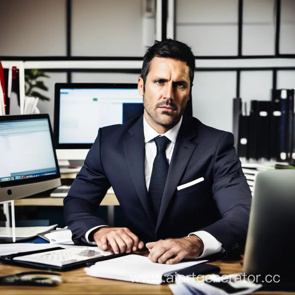 man in his thirties in a suit working in his office