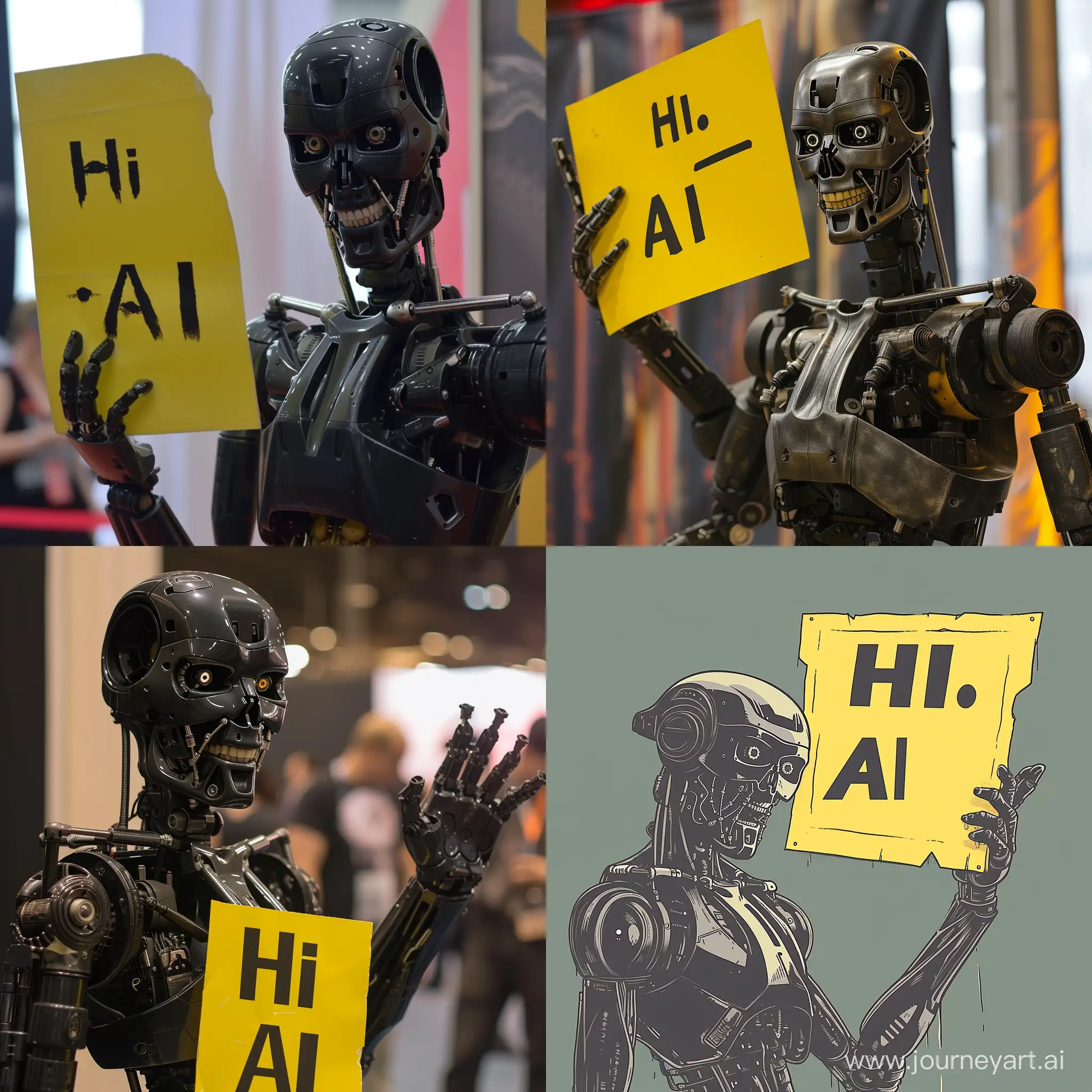 /imagine a robot-terminator is holding a yellow sign with the words "Hi, AI" written in black letters --style raw --v 6