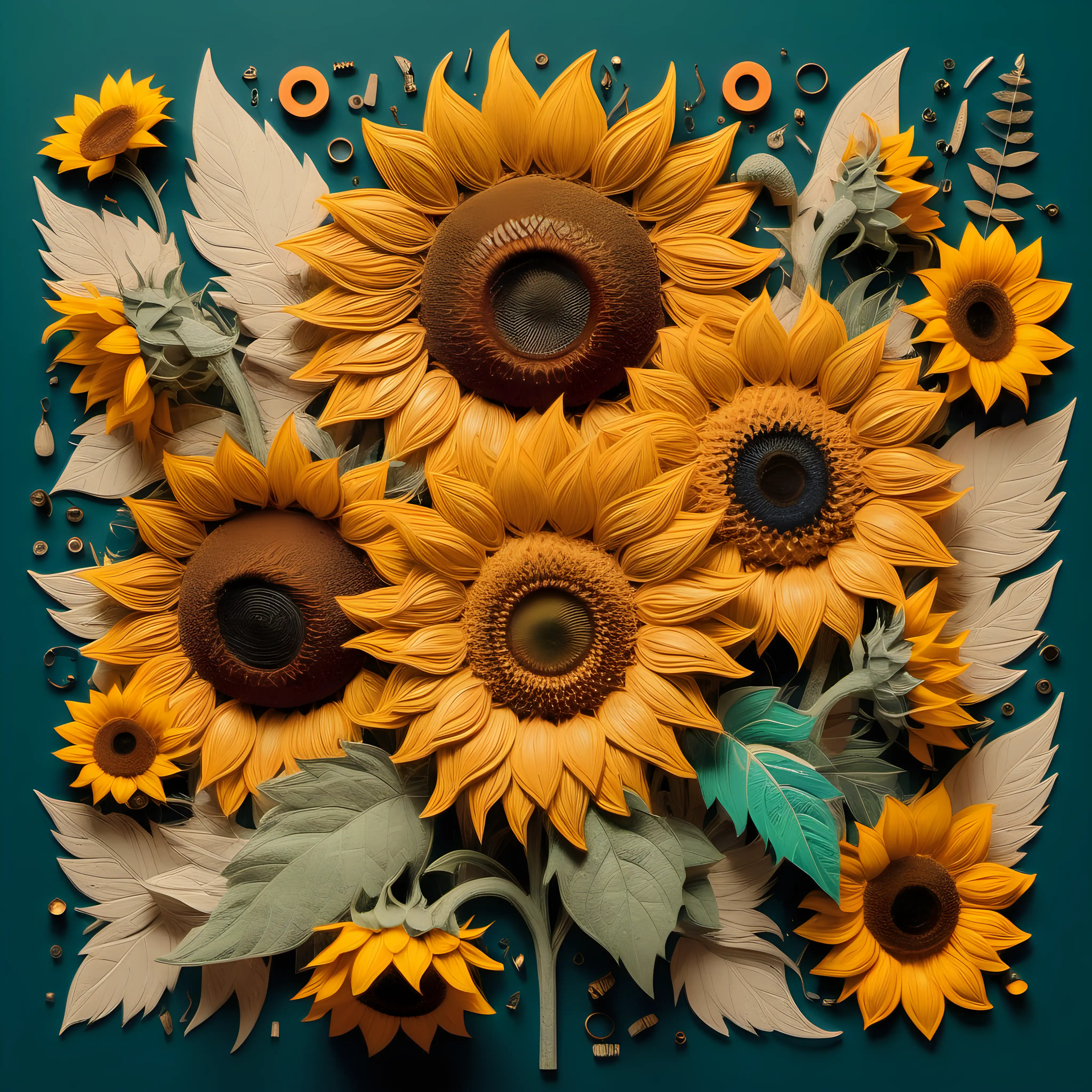 Can you create a boho styled collage with sun flowers?, intricate colors of 2024 illustrations,