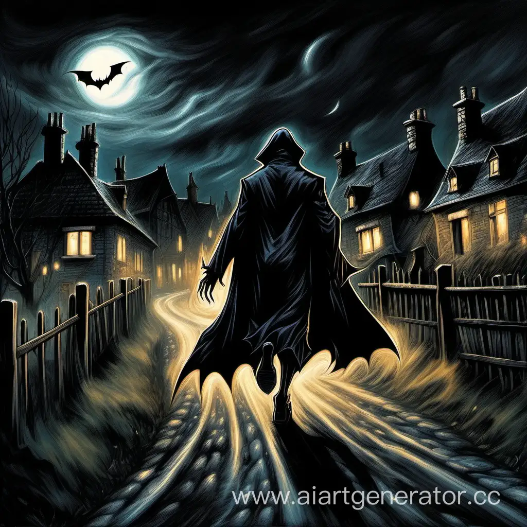 Тёмная ночь. Светит луна. По деревенской дороге лицом к нам бежит вампир в чёрном плаще, окружённый бледным сиянием и освещённый лучом луны ( всё это крупным планом). Вокруг горят дома. 