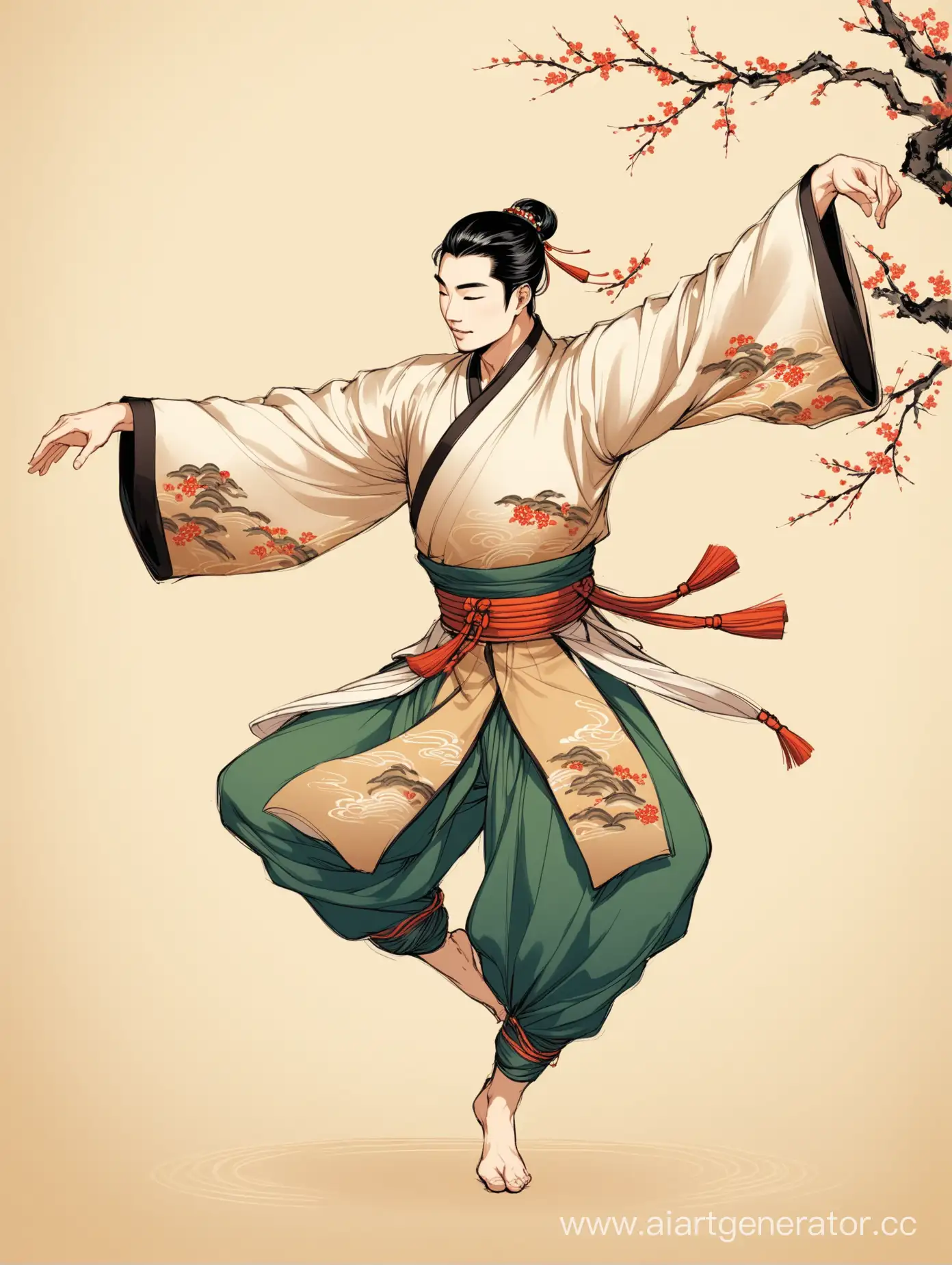 Красивый азиатский мужчина танцует, в стиле традиционной азиатской живописи