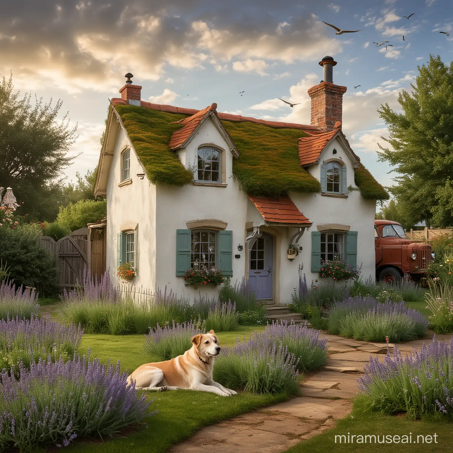 A quaint, storybook cottage with a whimsical, crooked design and a green roof, complete with a tall chimney, nestled in a small, vibrant garden off to the side of a quaint little yard. In the garden, there's a modest patch of lavender, adding a splash of color and a soothing scent. A classic, rusty pickup truck is parked nearby, hinting at tales of past adventures. A scruffy, loyal dog lounges in the yard, watching the world go by. The backdrop features a big, atmospheric sky with scattered clouds and a few seagulls in flight, creating a serene, picturesque setting. The image captures the essence of a cozy, lived-in space, inviting and full of stories, rendered in textured, painterly strokes reminiscent of Monet.