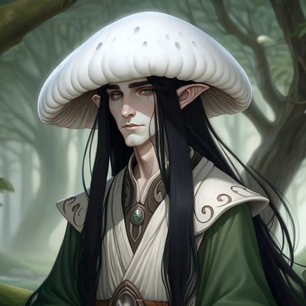 A druid, young androgynous elf male with pale skin, long black hair and clean-shaven. He wears a big white mushroom-like hat that sits low and covers most of his face. A semi-transparent mushroom-like veil hangs from the edges of the hat across the man's eyes.