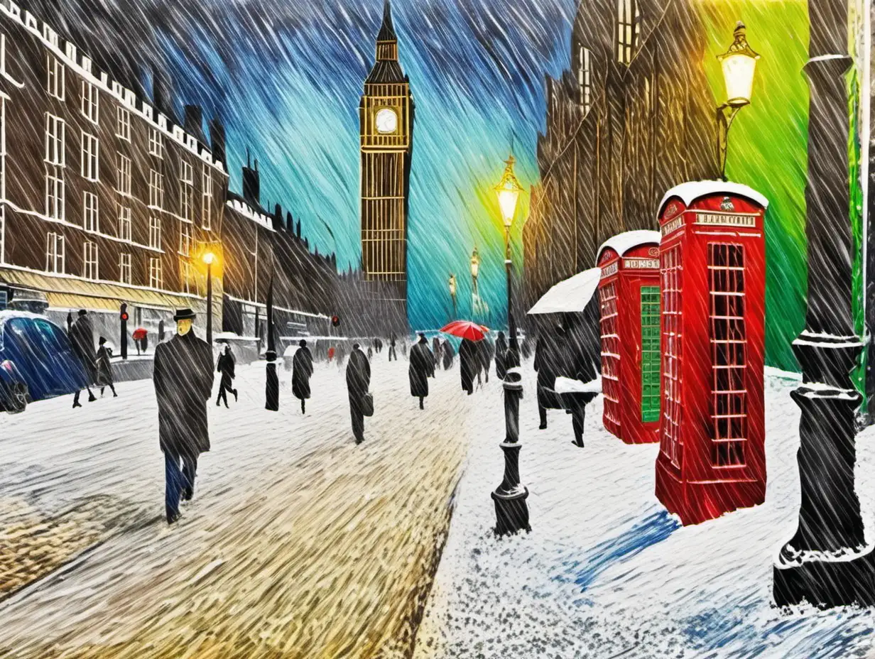 Vangogh style with one red telephone at the pedestrian side of snowing Westminster street