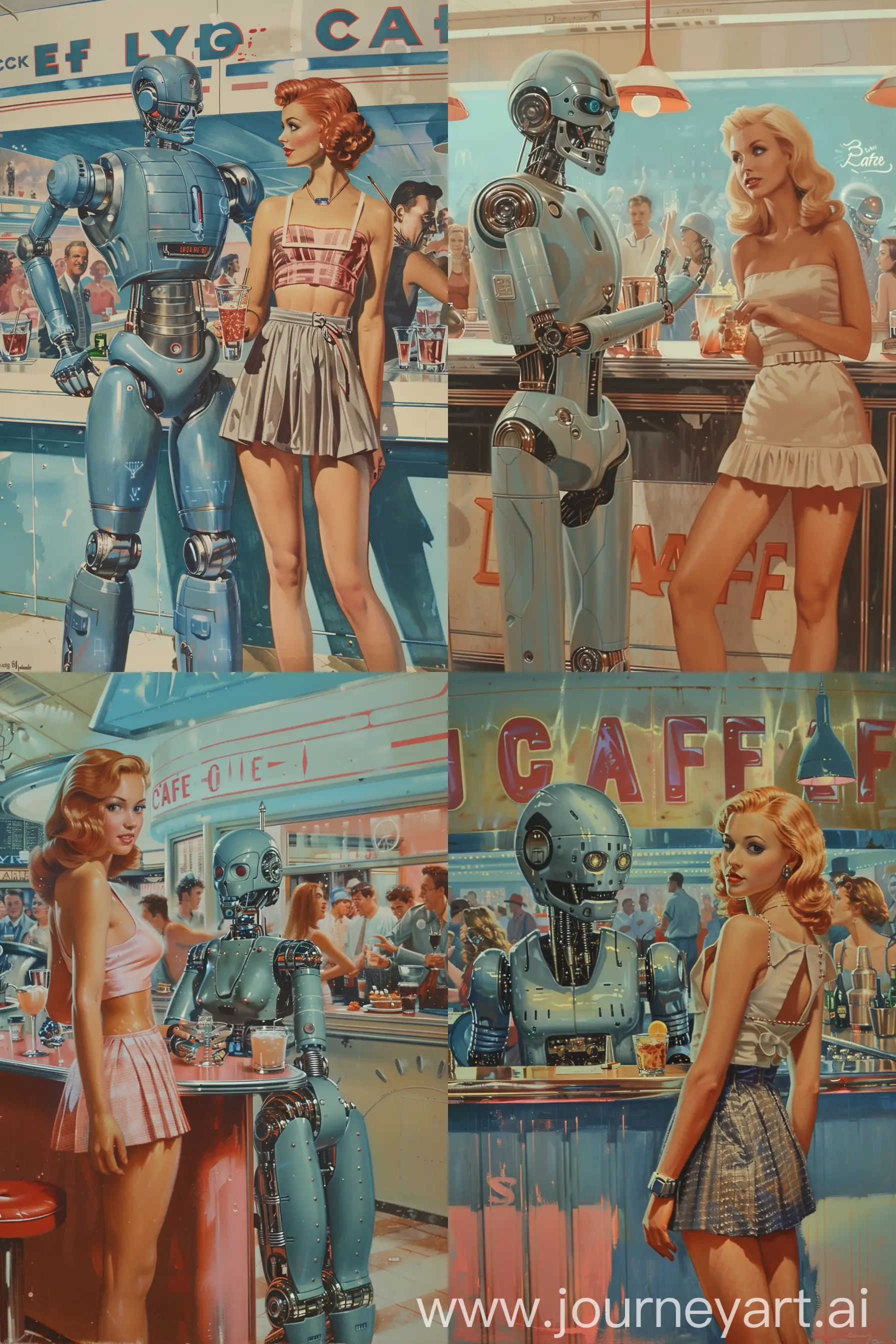 a retro futurism sci fi diner cafe with cyborg and a beautiful vintage waitress with a short skirt , and a cyber robot behind the counter serving drinks. In the background is a lively party. The colors of the cafe are cyan and magenta and in the style of Norman Rockwell and JC Lyendecker. --ar 2:3 --style raw --stylize 250