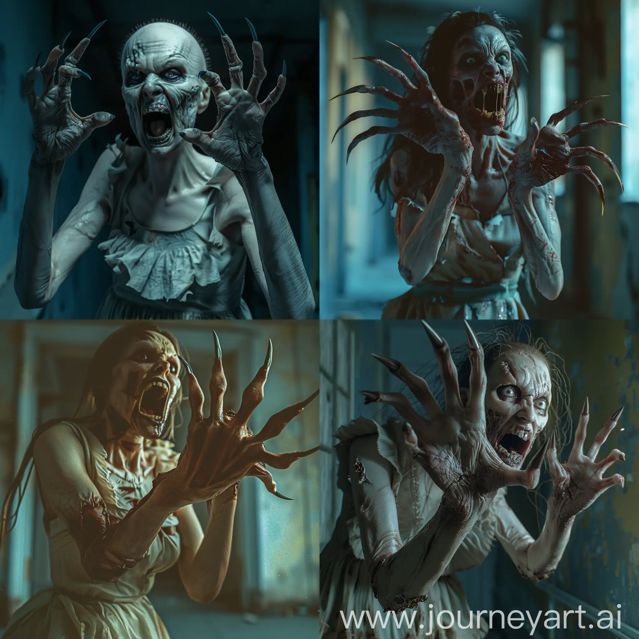 A Terrible looking Zombie woman with long curved pointed nails protruding from her fingers like menacing claws, she looks like a who has climbed out of the grave, her mouth is threateningly open exposing pointed teeth resembling fangs, The scene takes place at night, in an abandoned building. hyper-realism, cinematography, high detail, the smallest details, horror, fear. photorealistic photography of a zombie woman with no eyes and a tattered dress, in the style of realistic hyper - detail, playful character designs, 32k uhd, full anatomical. human hands, very clear without flaws with five fingers
