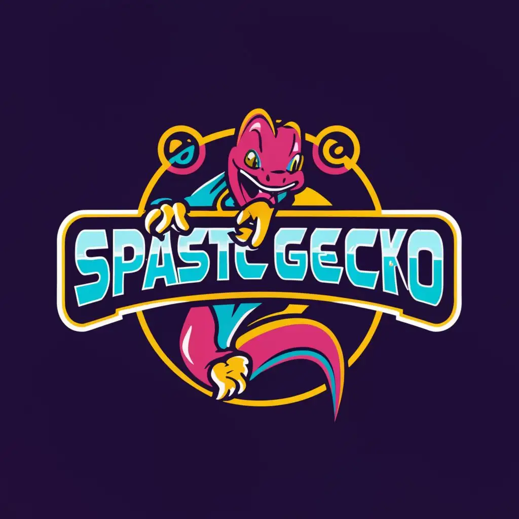 logo, logo, vector 80s style style BANNER, with the text "SpasticGecko" typography, BLACK BACKGROUND , bright vibrant colors . ultra sharp 3mm outlined lettering and image, full color image fill , ultra-detailed images with sharp lines and textures, capturing every detail with precision, ultra fine sharp outlined image , no copyright, no watermark, , , with the text ".", typography
