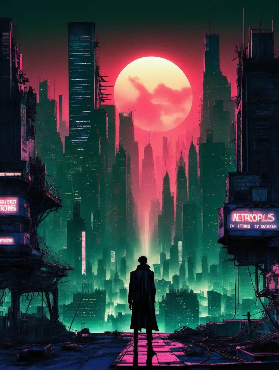 In the dimly lit cyberpunk cityscape, a figure straight out of Tim Burton's imagination stands atop a towering building, their silhouette stark against the neon-lit skyline. The character's angular features and exaggerated proportions give them an otherworldly appearance, while their attire hints at a blend of Victorian and futuristic styles. With an air of mystery, they gaze out over the sprawling metropolis, where skyscrapers pierce the smog-filled sky and neon signs flicker ominously in the distance, casting an eerie glow over the dystopian landscape.