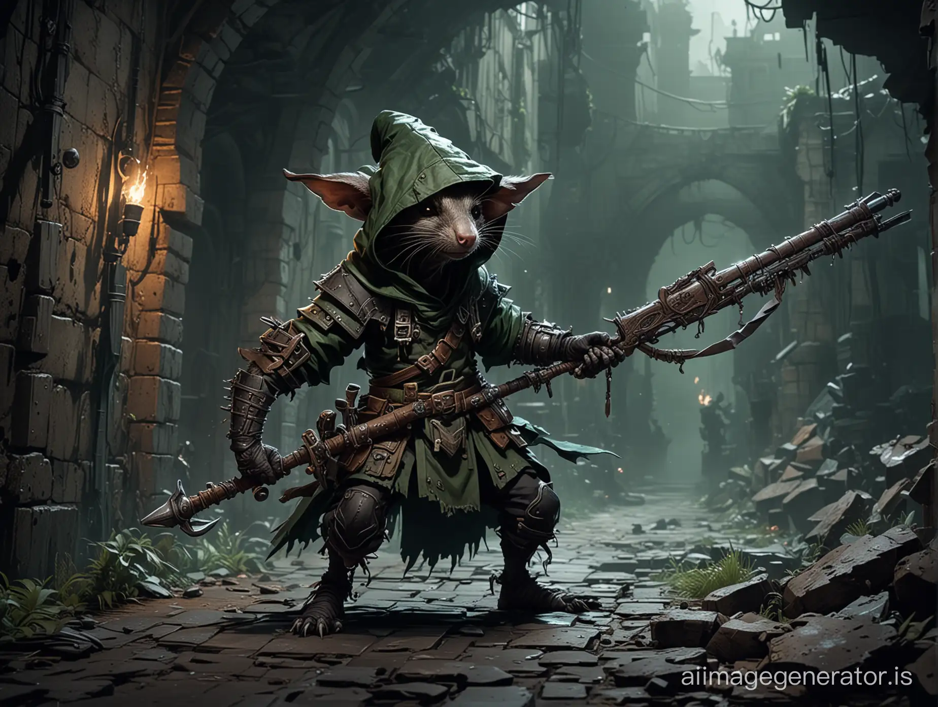 Arknights, ratman, (((skaven))), with a magic musket, is a little crazy, rat tail, against the backdrop of a dungeon, dark green tones, ((( in a hood))), juicy