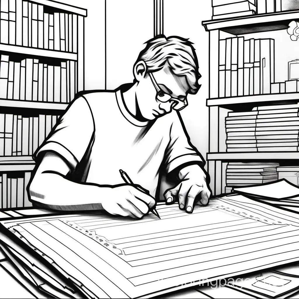 Image: A young man sits at a table with a large sheet of paper in front of him, planning a broad plan for his creation. Squeezes pen into hand and works to place symbols on paper, using them like a ruler, ruler, and pencil marks. Focus and attention are evident in Wood as he arranges and organizes the virtually organized details., Coloring Page, black and white, line art, white background, Simplicity, Ample White Space. The background of the coloring page is plain white to make it easy for young children to color within the lines. The outlines of all the subjects are easy to distinguish, making it simple for kids to color without too much difficulty