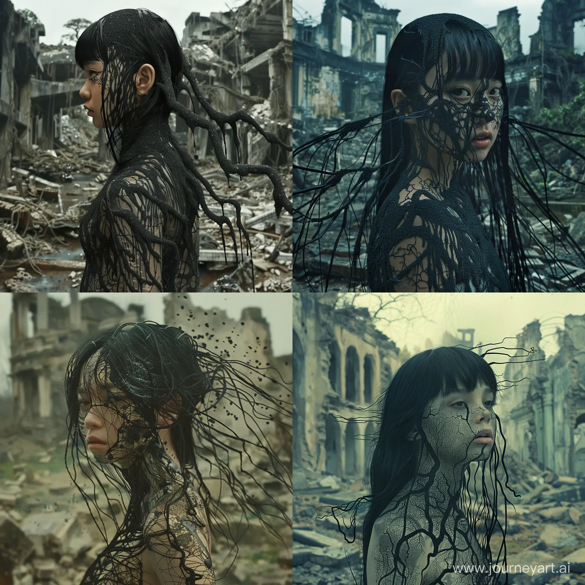 Futuristic-BlackHaired-Woman-with-Nervous-System-Patterns-amidst-Overgrown-Ruins