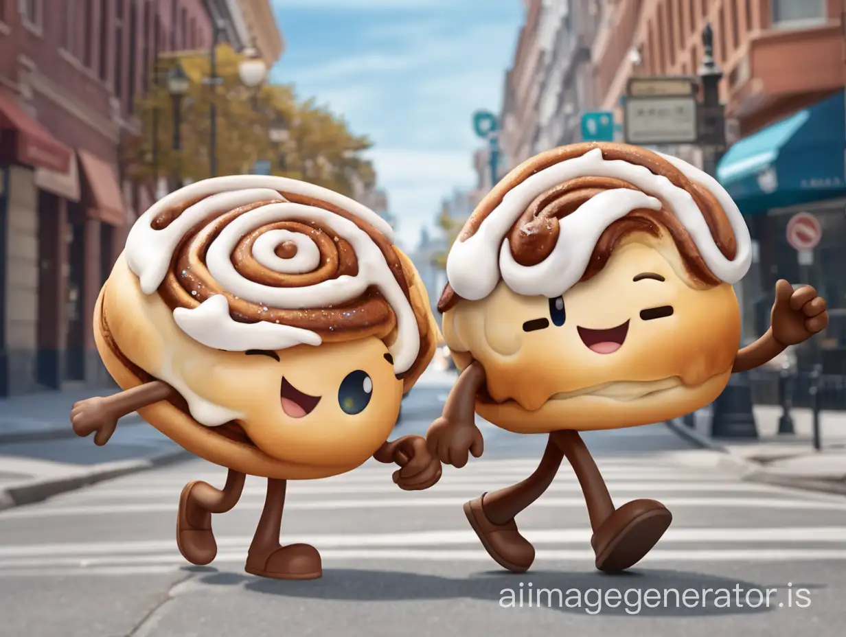 Two cinnamon rolls are walking down the street