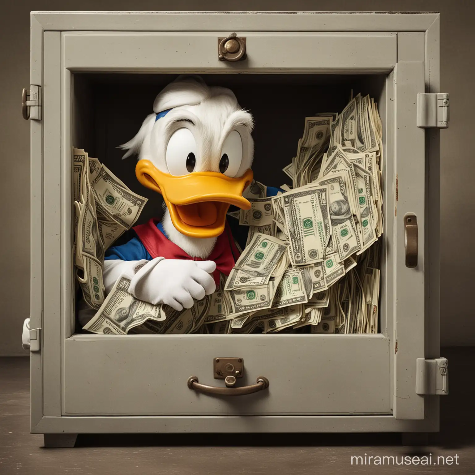 Donald duck, hand Full of money, in bank chest locker
