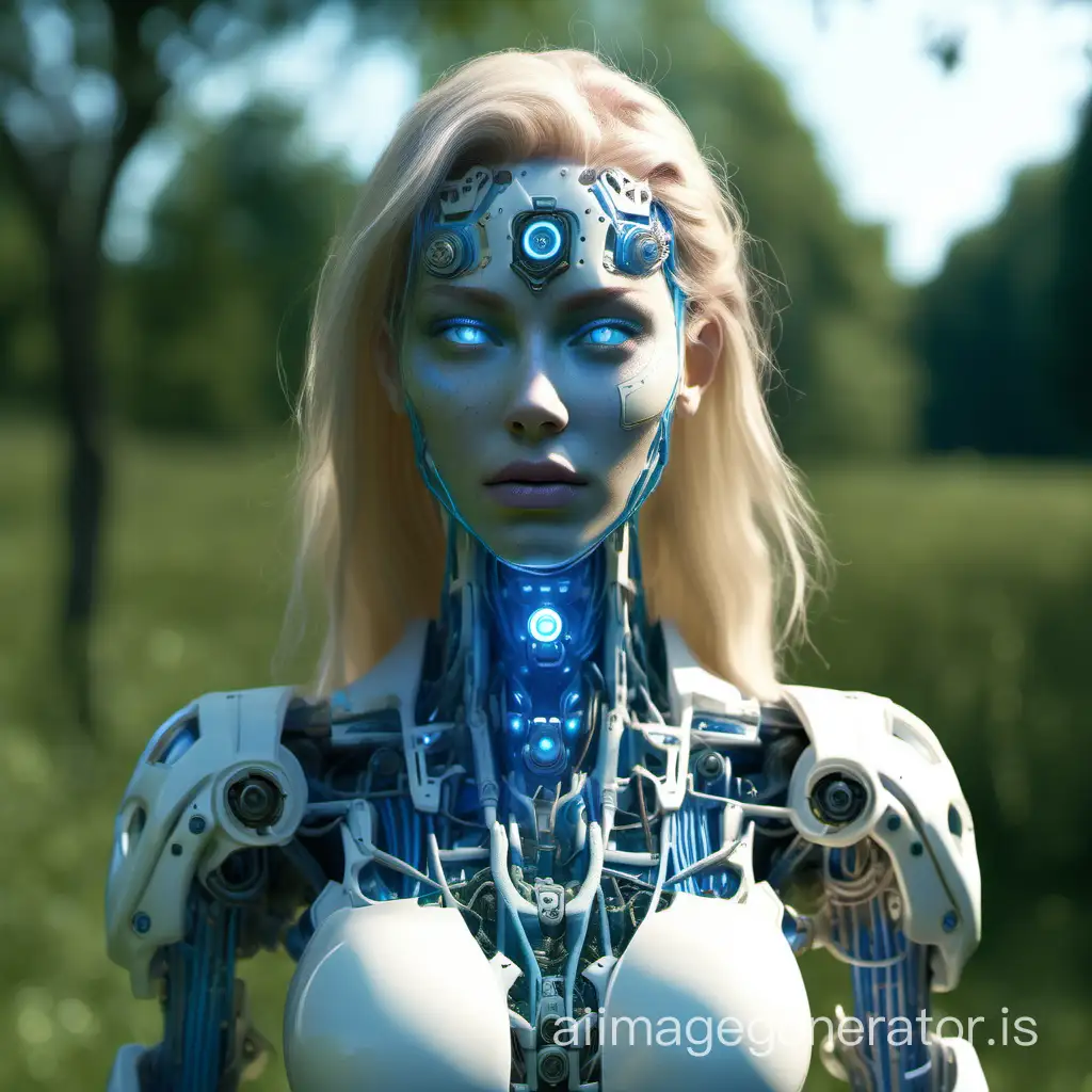 A female cyborg, white plastic shell, with visible components at the joints and waist.large detailed chest plate, Female human head 20 years old white Ukrainian with long blonde hair blue eyes and freckles. Ssittin on the grass, in the woods, connected via glowing blue wires to a stone carved pillar. Hightest detail face, highest detail eyes, highest detail skin, wide field of view? Shot at  golden hour