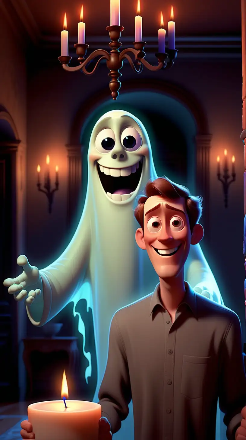 smiling man in a mansion holding a candle, a big ghost is floating standing behind him; pixar style animation; vivid