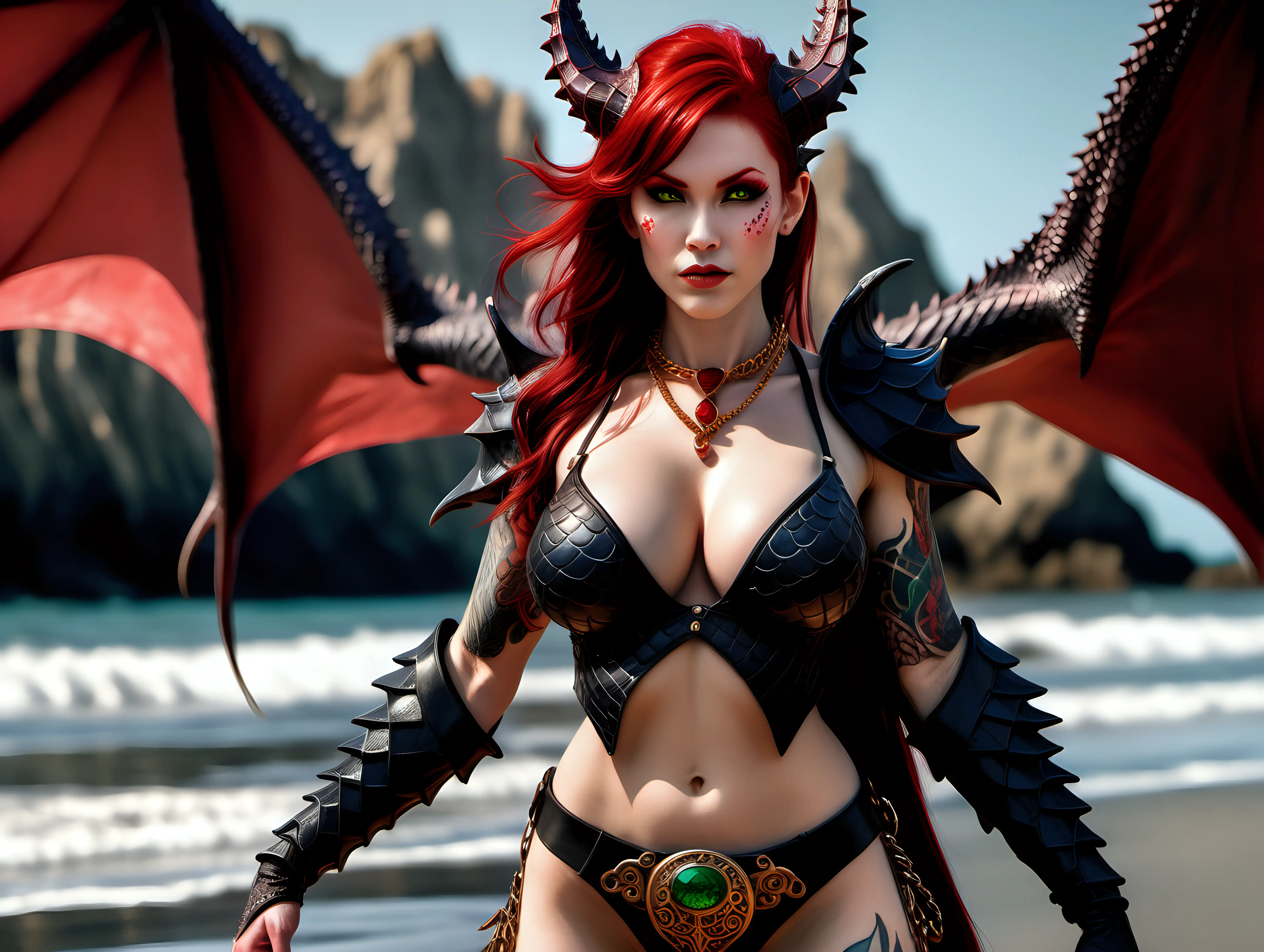 ultra-realistic high resolution and highly detailed photo of a female dragonrider, with sleek pointy horns gently swept straight backwards over head, large breasts, red hair, red eyes, a gold necklace with a red ruby, open front top made of red scales, low pants made of black scales, and draconic tattoos on arms and body, standing on a beach. next to her stands a large black dragon with a green saddle.