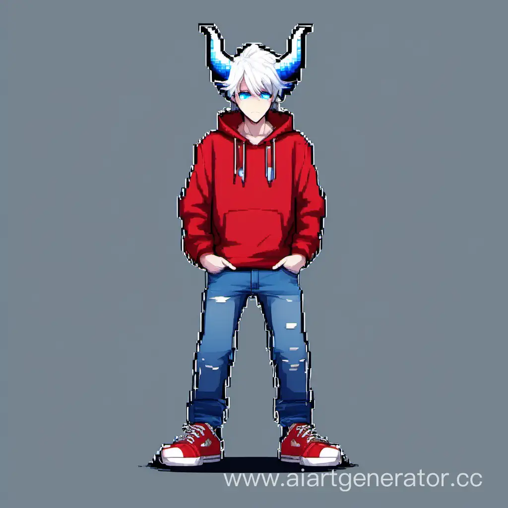guy, pixels, white hair, red horns, blue eyes, blue hoodie, jeans, red sneakers