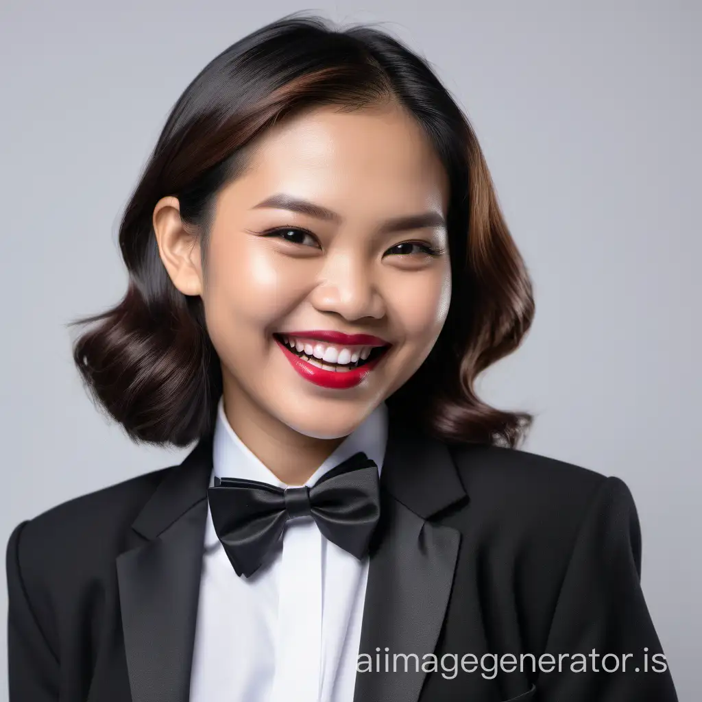 smiling and laughing Filipino woman with shoulder-length hair and lipstick wearing a black tuxedo with sleeves, wearing a white shirt, wearing a black bow tie