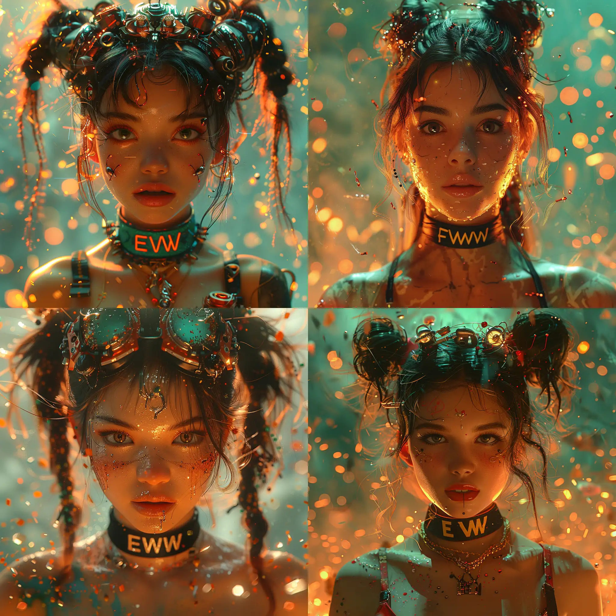 Prompt /imagine prompt: close up of a 3D model, a cute girl with a choker with  "EWW" written on it ,  surreal headgear, surrounded by particles, against an ultra-realistic background with high details and surreal elements.  beautiful light, orange and teal, --stylize 700 --style raw --v 6