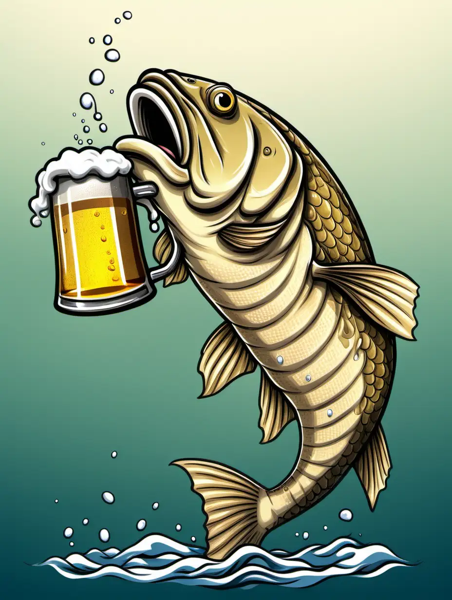 sheatfish drinking beer, illustration, cartoon, vhq