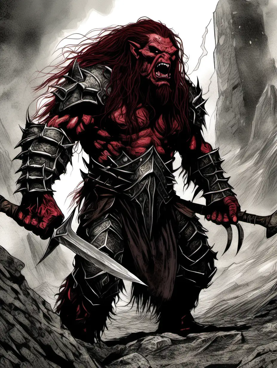An image of a huge dark red savage ugly orc in full black armour roaring, with very long feral hair in a drawn Tolkien movie style 