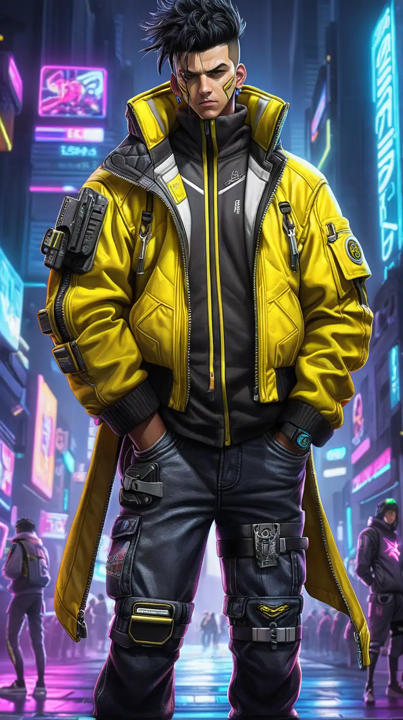 Cyberpunk: Edgerunners, main character, yellow jacket, white male, black hair, ANIME STYLE