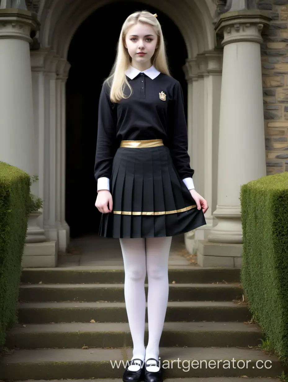 Blonde aged 20 years old in black student uniform, Pleated skirt with gold border, Standing, White pantyhose, in a background Victorian castle