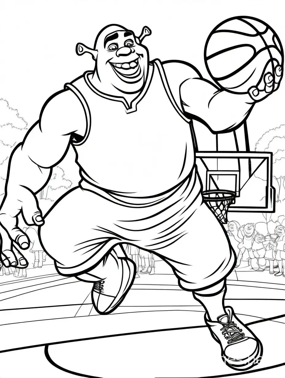 shrek playing basketball, Coloring Page, black and white, line art, white background, Simplicity, Ample White Space. The background of the coloring page is plain white to make it easy for young children to color within the lines. The outlines of all the subjects are easy to distinguish, making it simple for kids to color without too much difficulty