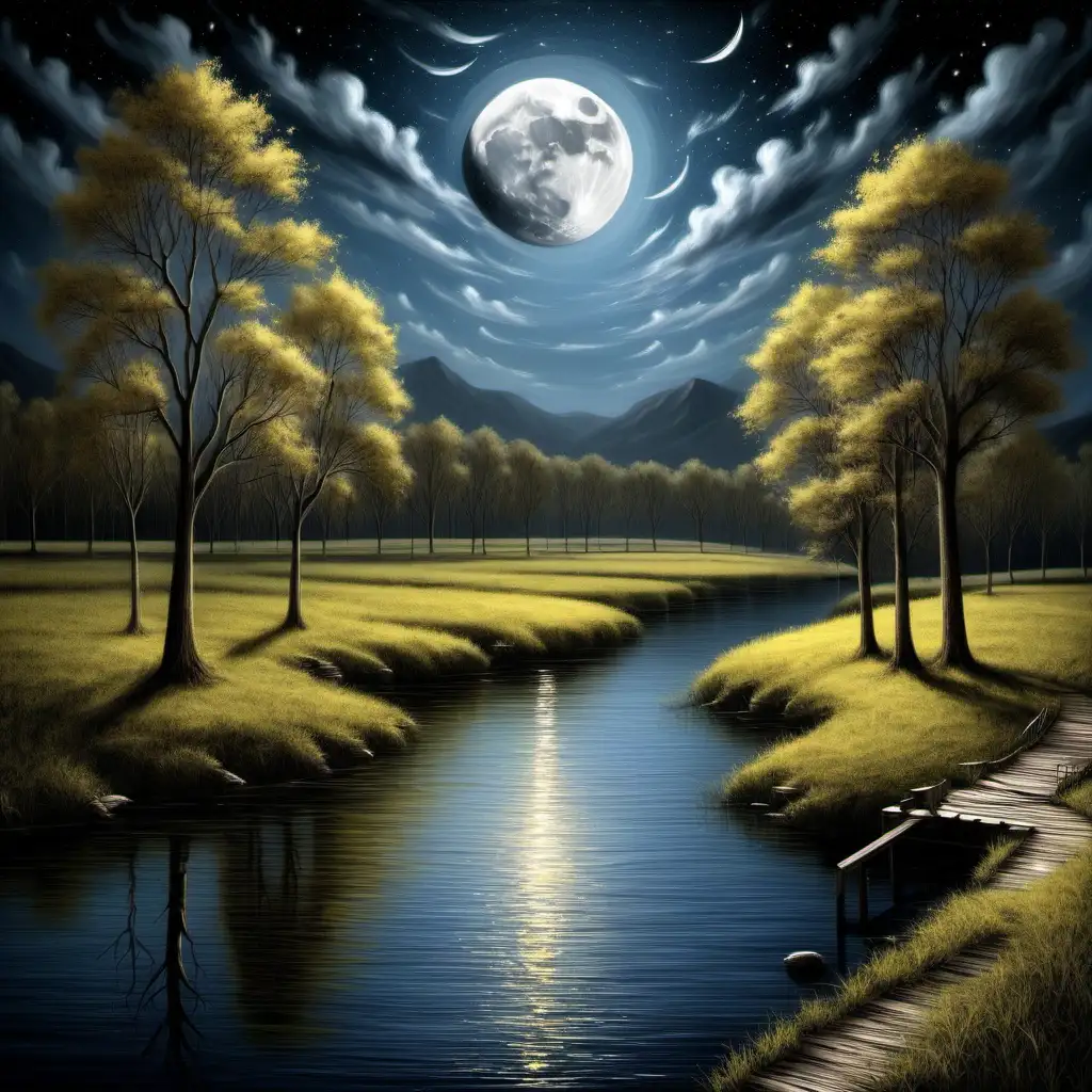 Moon River Landscape Tranquil Night Scene with Flowing River and Crescent Moon