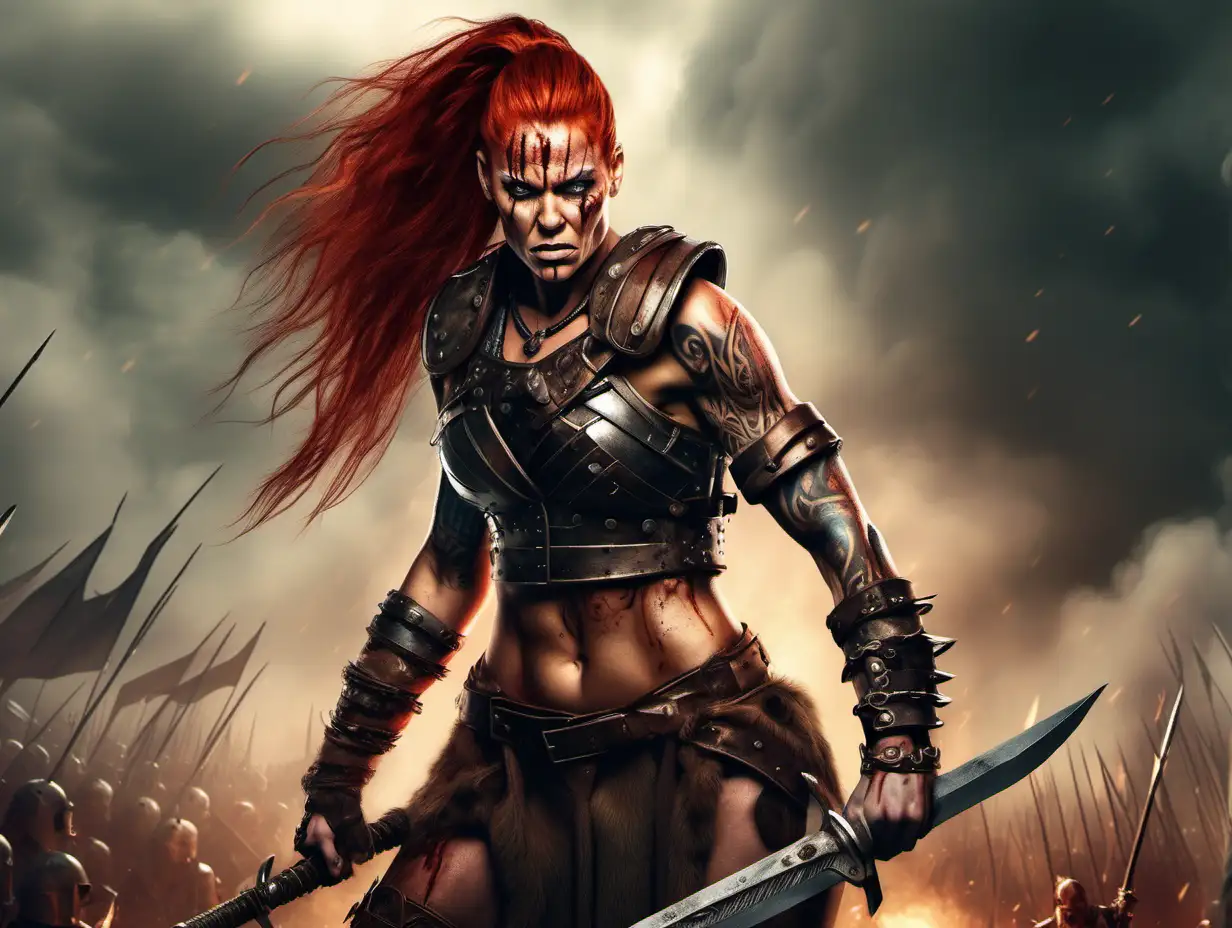 Full height extremely muscular tattooed red haired female barbarian with hair in cornrows flexing her biceps and scowling on a smoky battlefield carrying a bloody sword and wearing sleeveless brown leather armor