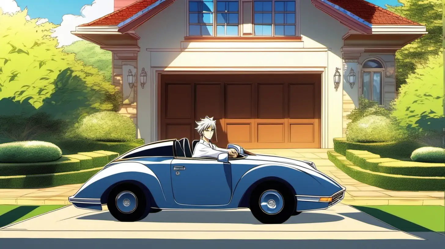 Successful Man Driving Fancy Car from Luxurious Home on Sunny Morning