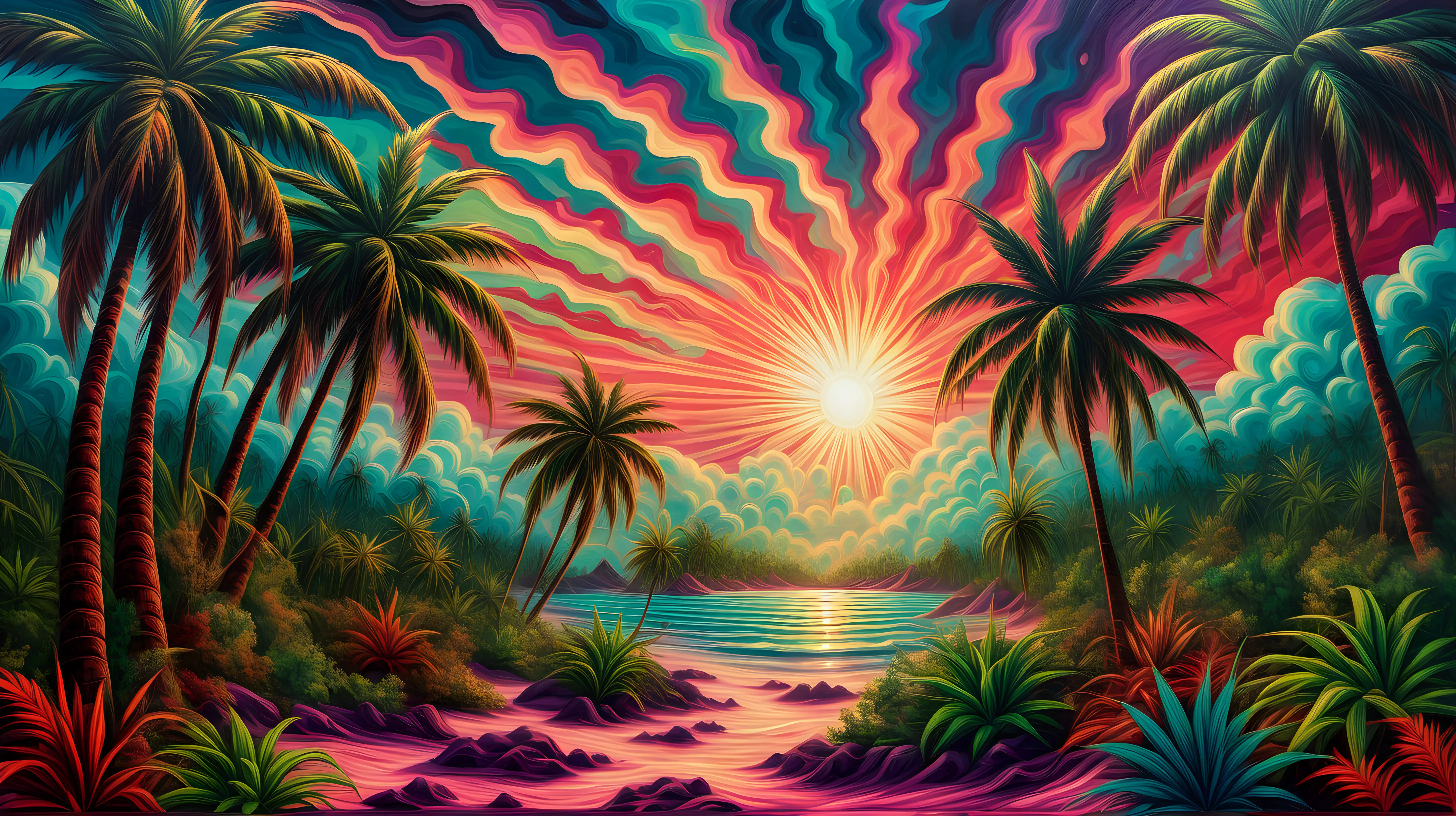 an oil painting of a tropical landscape, trippy art style, psychedelic sky sun effects, palm trees look like cannabis plants